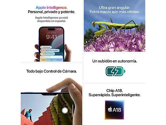 Apple iPhone 16, Blanco, 128 GB, 5G, 6.1  OLED Super Retina XDR, Chip A18 Bionic, iOS