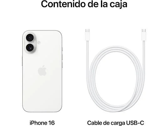 Apple iPhone 16, Blanco, 128 GB, 5G, 6.1  OLED Super Retina XDR, Chip A18 Bionic, iOS