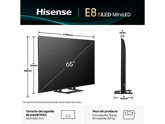 TV Mini LED 65 - Hisense 65E8Q, UHD 4K, 144 Hz, Hi-View Engine, Escalador HDR IA, Subwoofer integrado, Negro
