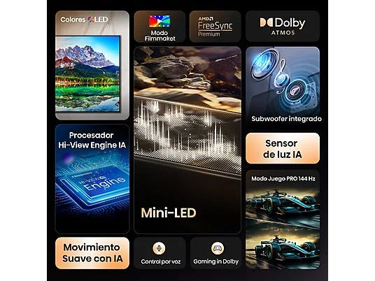 TV Mini LED 75 - Hisense 75E8Q, UHD 4K, 144 Hz, Hi-View Engine, Escalador HDR IA, Subwoofer integrado, Negro