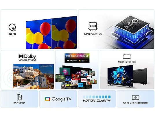 TV QLED 55" - TCL 55P7K, UHD 4K, AiPQ Processor, Smart TV, DVB-T2, 60 Hz, Pantalla HVA, Dolby Atmos, Negro